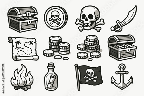 Pirate themed icons: treasure chest, skull, coins, map, sword, anchor, flag