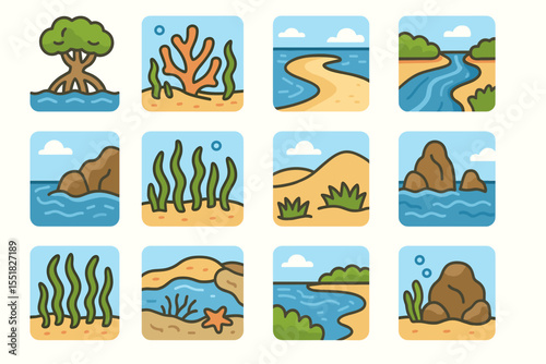 Colorful coastal ecosystem icons with ocean, beach, mangrove, and coral illustrations