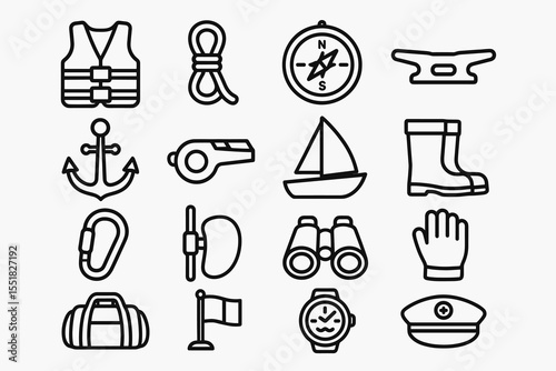 Maritime icons: life jacket, anchor, compass, sailboat, binoculars, captain hat