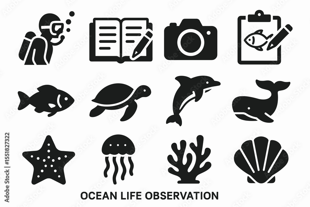 Naklejka premium Ocean life observation icons: scuba diving, marine animals, photography tools, documentation