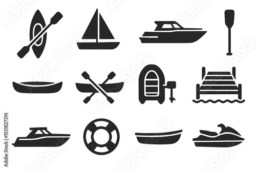 Silhouette icons of boats and watercrafts on dark background