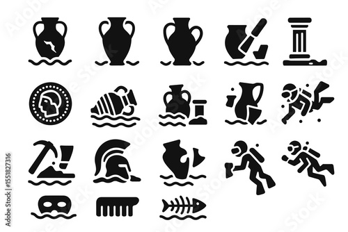 Ancient greek pottery and archaeology silhouettes with divers and artifacts