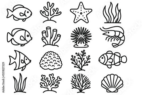 Aquatic marine life icons including fish, coral, starfish, seaweed, shell, and shrimp designs