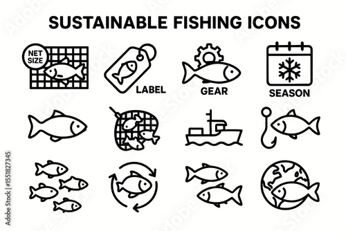 Sustainable fishing icons: gear, season, fish size, eco-friendly practices