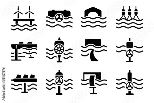 Black icons of tidal and wave energy devices for renewable energy applications