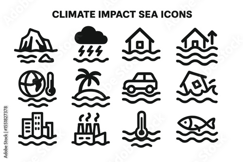 Climate impact sea icons illustrating environmental and weather effects