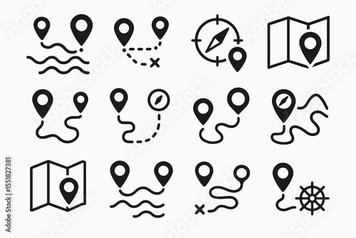 Black map marker icon set including compass and navigation symbols on white background