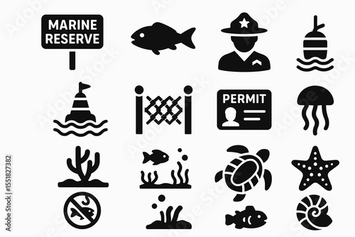 Marine reserve icons: fish, ranger, permit, jellyfish, coral, turtle, starfish, nautilus