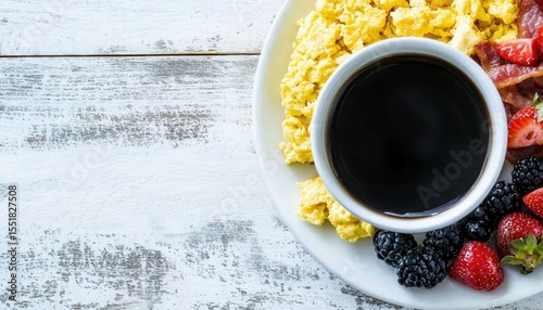 Delicious Breakfast Plate with Scrambled Eggs, Coffee and Berries