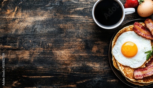 Delicious Breakfast Spread with Pancakes, Bacon, Eggs, and Coffee