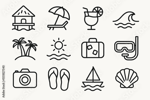 Vacation icons collection: beach, tropical, summer, travel, leisure