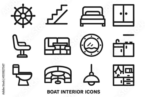 Set of nautical boat interior icons including helm, bed, sofa, and kitchen elements