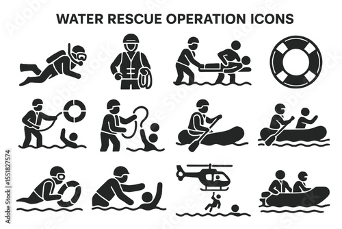 Water rescue operation icons: diverse emergency response illustrations