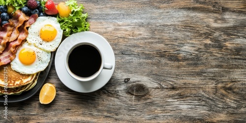 Delicious Breakfast Spread with Eggs, Bacon, and Coffee on Wood Table