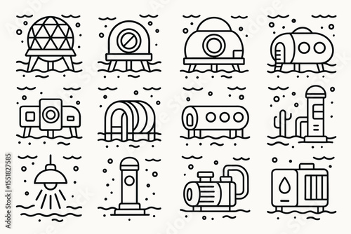 Collection of futuristic dome and capsule structures with industrial equipment