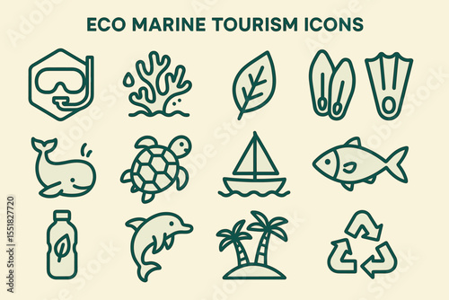 Eco marine tourism icons featuring snorkeling, nature, and marine life