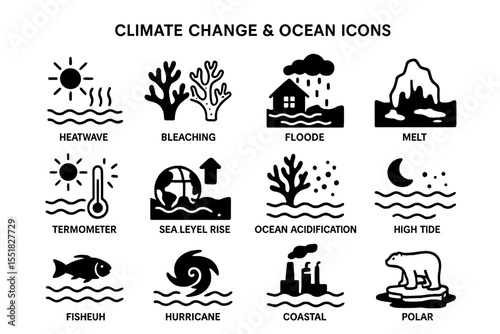 Climate change and ocean impact icons depicting floods, hurricanes, and polar effects