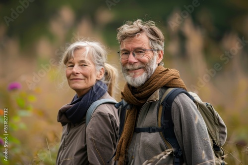 Portrait of a content couple in their 60s going on a hike in nature