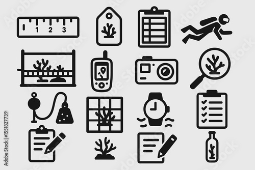 Set of nautical icons including coral, marine diving, and research equipment