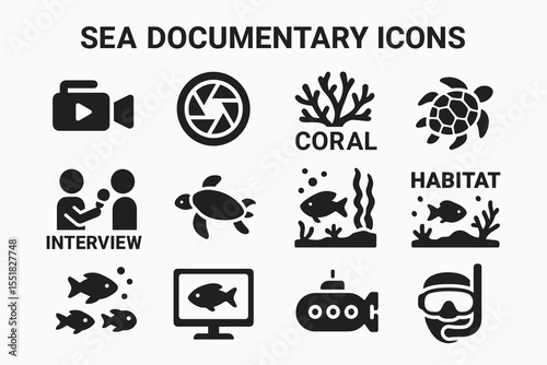 Sea documentary icons: coral, turtles, habitat, interview, submarine, snorkeling