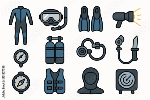 Diving equipment icons set: snorkel, wetsuit, fins, scuba tank, compass, knife
