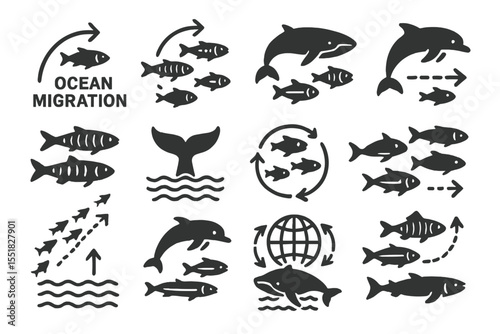 Ocean migration icons depicting fish and whale movement patterns