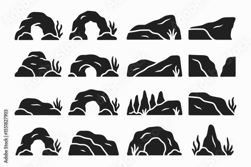 Set of silhouette rock formations with caves and foliage elements