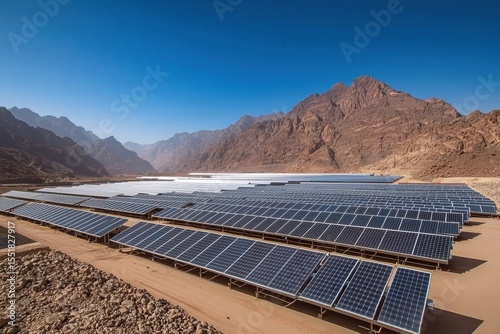 Vast Solar Panel Installation in Rocky Desert Landscape Under Blue Sky