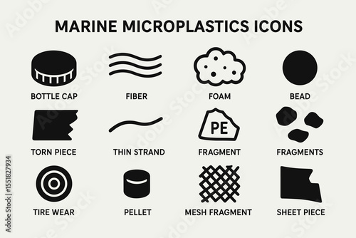 Marine microplastics icons featuring bottle cap, fiber, foam, bead, and fragment illustrations