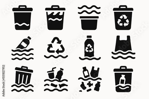 Black icons depicting waste and recycling in water with containers and bottles