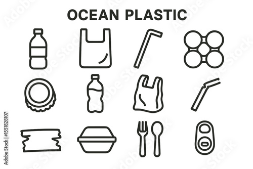 Ocean plastic pollution icons: bottles, bags, straws, and containers