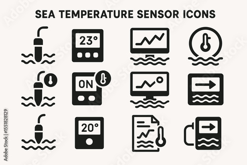 Sea temperature sensor icons set for monitoring and analysis
