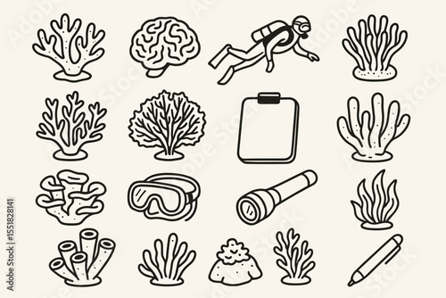Underwater exploration: scuba diver, coral, and sea gear collection