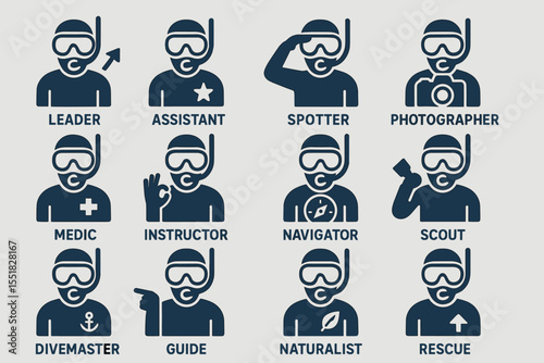 Scuba diving roles icons: leader, assistant, spotter, photographer, medic, instructor, navigator, scout, divemaster, guide, naturalist, rescue