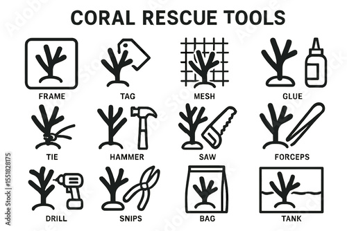 Coral rescue tools illustration featuring various equipment for reef restoration