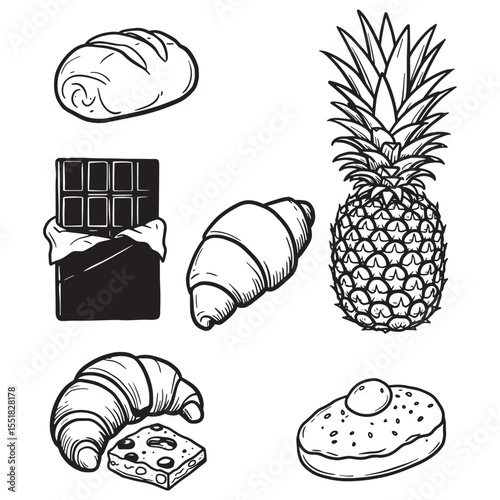 Black and white hand drawn collection of various delicious food items and tropical fruits
