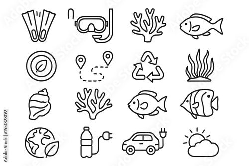 Outline icons: snorkeling gear, marine life, eco-friendly symbols, electric car