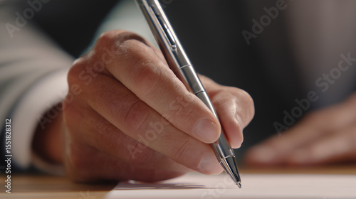 A close-up image of a businessman’s hand holding a pen and signing a document, or business decisions. The focus on the hand and pen highlights the importance.