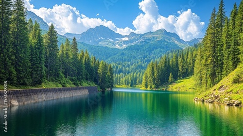 Krinets lake dam view, Bansko, pine woods backdrop.
