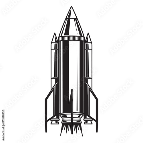 Black and white illustration of a retro style space rocket ready for interstellar journey
