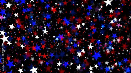 Abstract background with floating red, white and blue stars. Independence day, 4th of July, patriotic events or American-themed celebrations.