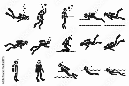 Diverse scuba diving positions: silhouette icons of underwater activities