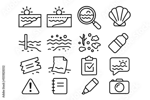 Beach icon set: waves, shells, magnifying glass, and camera symbols