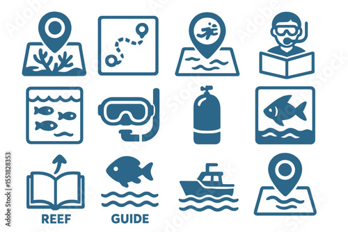 Blue scuba diving icons: dive map, equipment, fish, boat, guide symbols