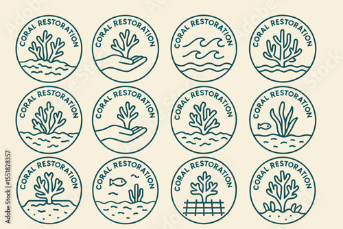 Coral restoration icons collection with ocean and marine life themes