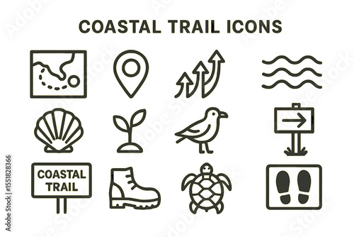 Coastal trail icon set with nautical and nature symbols