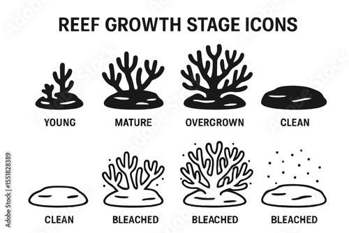 Coral reef growth stages: young, mature, overgrown, clean, and bleached icons