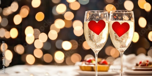 Romantic Toast with Sparkling Wine Glasses and Heart Decorations