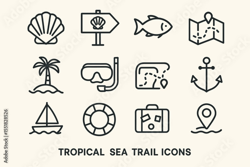 Tropical sea trail icons: shell, dive, anchor, map, suitcase, boat