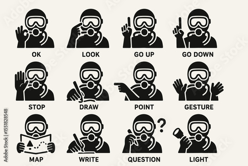 Scuba diving hand signs: communication gestures with simple icons